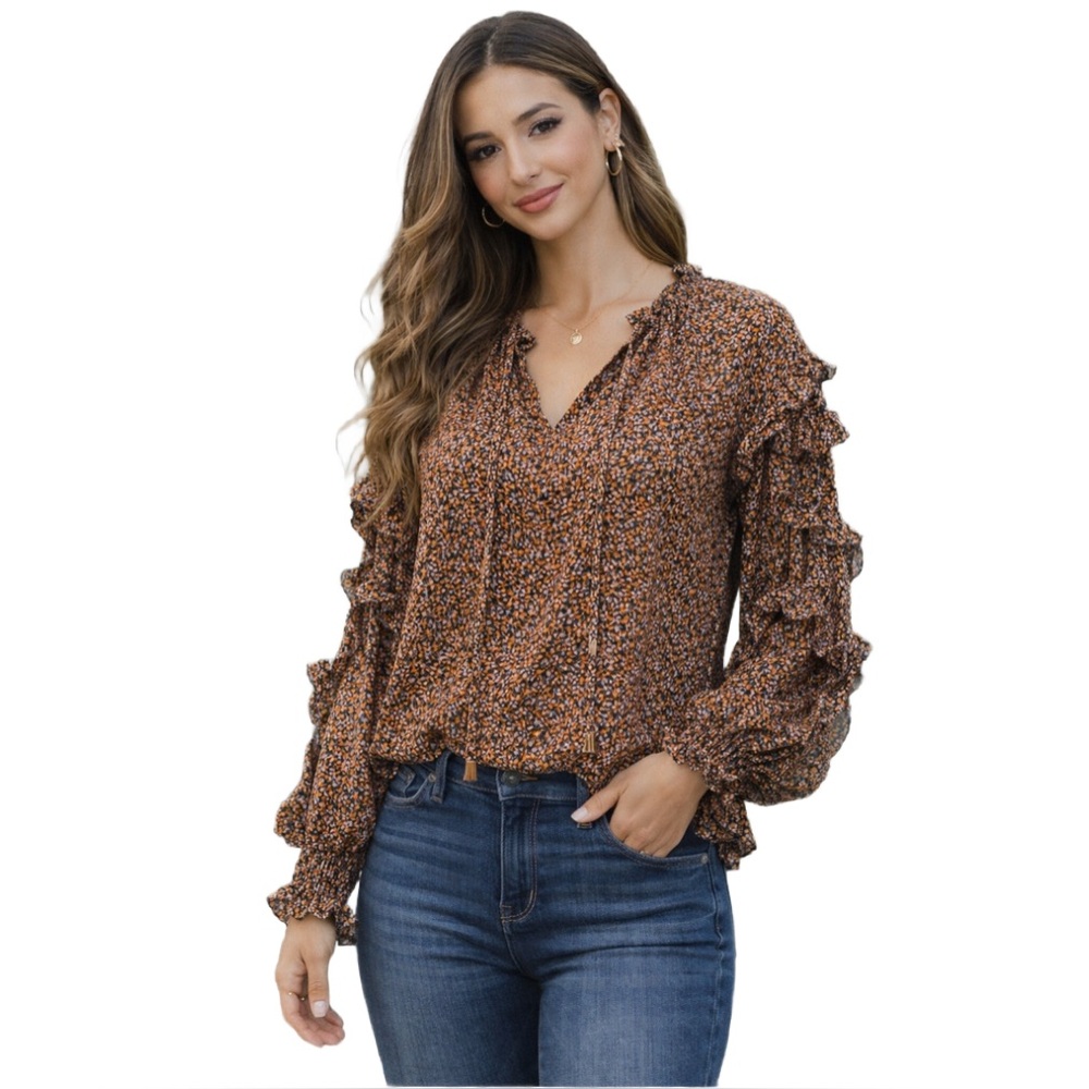 🌸 1.STATE Ruffle Sleeve Floral Blouse – Boho Romantic Long Sleeve Split Neck 🌸